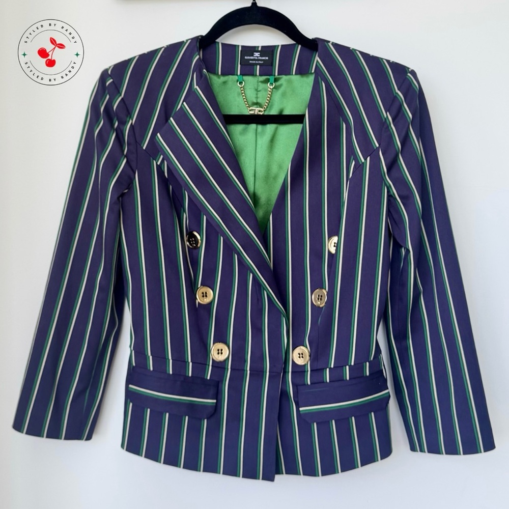 Elisabetta Franchi Striped Gold Button Detail Blazer in Navy